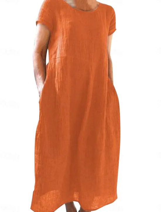 Discount Women's Black White Yellow Summer Spring Maxi Dress White Dress Cotton Linen Dresses Casual Dress Basic Casual Outdoor Vacation Daily Loose Fit Plain Crew Neck Women Dresses|White Dresses