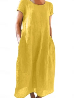 Discount Women's Black White Yellow Summer Spring Maxi Dress White Dress Cotton Linen Dresses Casual Dress Basic Casual Outdoor Vacation Daily Loose Fit Plain Crew Neck Women Dresses|White Dresses