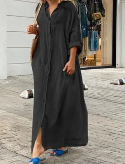 Best Women's Black White Yellow Summer Spring Fall Maxi Dress White Dress Cotton Linen Dresses Shirt Dress Classic Casual Vacation Daily Loose Fit Plain Shirt Collar Women White Dresses
