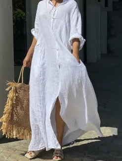 Best Women's Black White Yellow Summer Spring Fall Maxi Dress White Dress Cotton Linen Dresses Shirt Dress Classic Casual Vacation Daily Loose Fit Plain Shirt Collar Women White Dresses