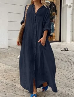 Best Women's Black White Yellow Summer Spring Fall Maxi Dress White Dress Cotton Linen Dresses Shirt Dress Classic Casual Vacation Daily Loose Fit Plain Shirt Collar Women White Dresses