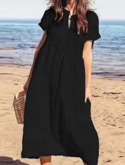Discount Women's Black Wine Navy Blue Summer Spring Maxi Dress Cotton Linen Dresses Casual Dress Cotton Summer Dress Basic Modern Daily Weekend Loose Fit Plain Crew Neck Women Dresses