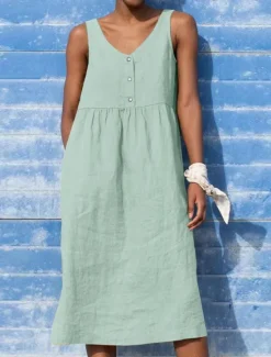 Outlet Women's Black Yellow Light Green Summer Spring Midi Dress Cotton Linen Dresses Tank Dress Cotton Summer Dress Casual Vacation Daily Loose Fit Plain V Neck Women Dresses
