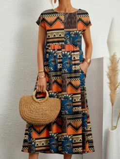 Hot Women's Black Yellow Summer Spring Midi Dress Linen-Inspired Dresses Casual Dress Fashion Ethnic Style Casual Outdoor Vacation Daily Loose Fit Geometric Flower Crew Neck Women Dresses