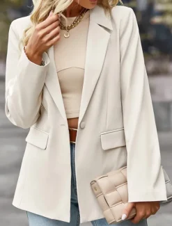 Hot Women's Blazer Breathable Comfortable Pocket Casual Plain Office Street Casual Daily Wear Single Breasted Regular Turndown Regular Fit Long Sleeve Outerwear Black White Green Summer Women Blazers & Suits