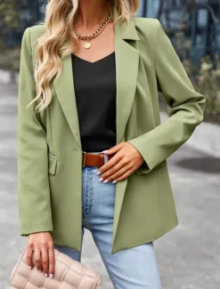 Hot Women's Blazer Breathable Comfortable Pocket Casual Plain Office Street Casual Daily Wear Single Breasted Regular Turndown Regular Fit Long Sleeve Outerwear Black White Green Summer Women Blazers & Suits