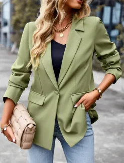 Hot Women's Blazer Breathable Comfortable Pocket Casual Plain Office Street Casual Daily Wear Single Breasted Regular Turndown Regular Fit Long Sleeve Outerwear Black White Green Summer Women Blazers & Suits