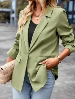 Hot Women's Blazer Breathable Comfortable Pocket Casual Plain Office Street Casual Daily Wear Single Breasted Regular Turndown Regular Fit Long Sleeve Outerwear Black White Green Summer Women Blazers & Suits