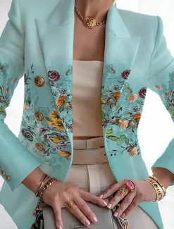 Women's Blazer Breathable Comfortable Print Fashion Casual Floral Formal Work Office / Career Double Breasted Regular Turndown Regular Fit Long Sleeve Outerwear Black White Navy Blue Summer Women Blazers & Suits