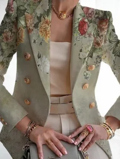 Women's Blazer Breathable Comfortable Print Fashion Casual Floral Formal Work Office / Career Double Breasted Regular Turndown Regular Fit Long Sleeve Outerwear Black White Navy Blue Summer Women Blazers & Suits