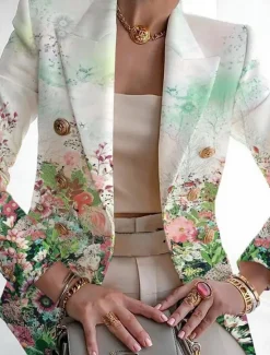 Women's Blazer Breathable Comfortable Print Fashion Casual Floral Formal Work Office / Career Double Breasted Regular Turndown Regular Fit Long Sleeve Outerwear Black White Navy Blue Summer Women Blazers & Suits