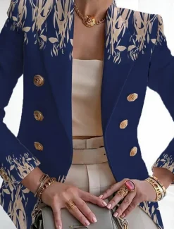 Women's Blazer Breathable Comfortable Print Fashion Casual Floral Formal Work Office / Career Double Breasted Regular Turndown Regular Fit Long Sleeve Outerwear Black White Navy Blue Summer Women Blazers & Suits