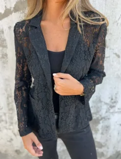 Outlet Women's Blazer Breathable Comfortable Lace Patchwork Casual Plain Office Street Casual Daily Wear Open Front Regular Turndown Regular Fit Long Sleeve Outerwear Black White Summer Women Blazers & Suits