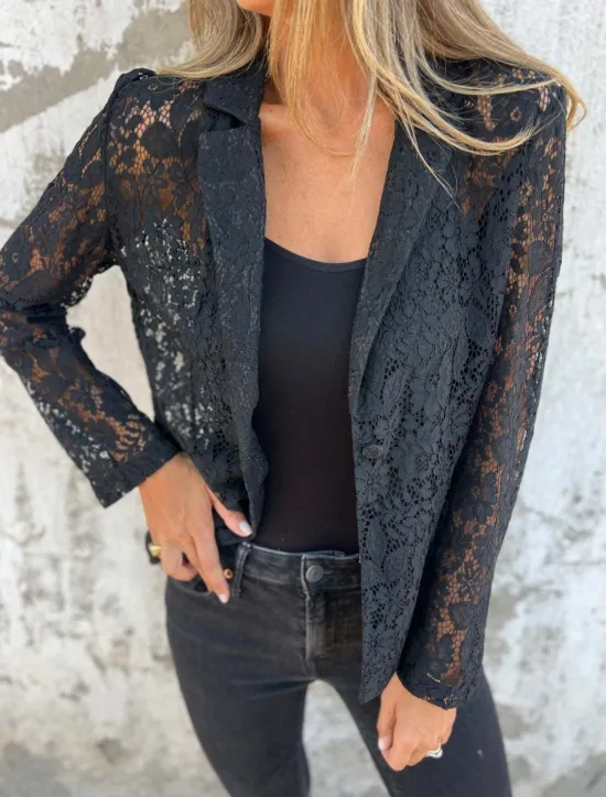 Outlet Women's Blazer Breathable Comfortable Lace Patchwork Casual Plain Office Street Casual Daily Wear Open Front Regular Turndown Regular Fit Long Sleeve Outerwear Black White Summer Women Blazers & Suits