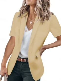 New Women's Blazer Breathable Comfortable Ruffle Casual Plain Work Daily Wear Open Front Regular Turndown Regular Fit Short Sleeves Outerwear Black White Red Summer Women Blazers & Suits