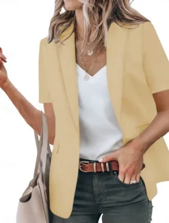 New Women's Blazer Breathable Comfortable Ruffle Casual Plain Work Daily Wear Open Front Regular Turndown Regular Fit Short Sleeves Outerwear Black White Red Summer Women Blazers & Suits