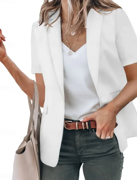 New Women's Blazer Breathable Comfortable Ruffle Casual Plain Work Daily Wear Open Front Regular Turndown Regular Fit Short Sleeves Outerwear Black White Red Summer Women Blazers & Suits