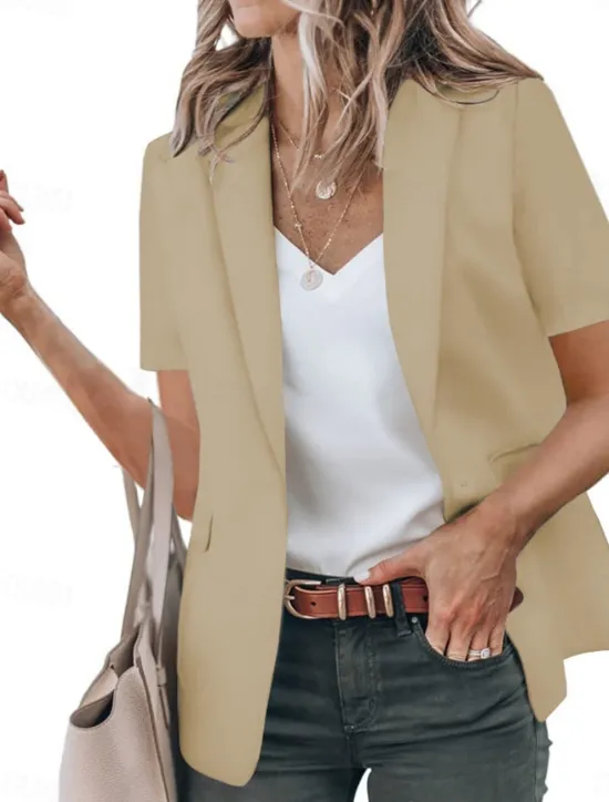 New Women's Blazer Breathable Comfortable Ruffle Casual Plain Work Daily Wear Open Front Regular Turndown Regular Fit Short Sleeves Outerwear Black White Red Summer Women Blazers & Suits