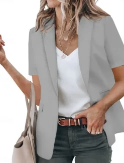 New Women's Blazer Breathable Comfortable Ruffle Casual Plain Work Daily Wear Open Front Regular Turndown Regular Fit Short Sleeves Outerwear Black White Red Summer Women Blazers & Suits