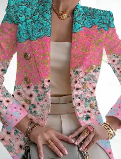 New Women's Blazer Breathable Comfortable Print Fashion Casual Leaf Work Office / Career Casual Double Breasted Regular Turndown Regular Fit Long Sleeve Outerwear White Pink Light Purple Summer Women Blazers & Suits