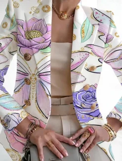 New Women's Blazer Breathable Comfortable Print Fashion Casual Leaf Work Office / Career Casual Double Breasted Regular Turndown Regular Fit Long Sleeve Outerwear White Pink Light Purple Summer Women Blazers & Suits