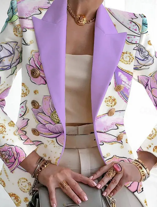 New Women's Blazer Breathable Comfortable Print Fashion Casual Leaf Work Office / Career Casual Double Breasted Regular Turndown Regular Fit Long Sleeve Outerwear White Pink Light Purple Summer Women Blazers & Suits