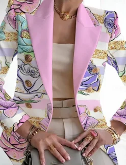 New Women's Blazer Breathable Comfortable Print Fashion Casual Leaf Work Office / Career Casual Double Breasted Regular Turndown Regular Fit Long Sleeve Outerwear White Pink Light Purple Summer Women Blazers & Suits