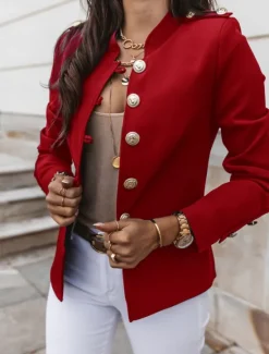 Outlet Women's Blazer Breathable Comfortable Pocket Casual Plain Office Street Casual Daily Wear Single Breasted Short Stand Collar Regular Fit Long Sleeve Outerwear Black White Wine Summer Women Blazers & Suits