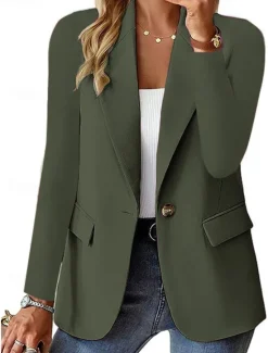 Sale Women's Blazer Button Solid Color Casual / Daily Stylish Regular Fit Outerwear Long Sleeve Winter ArmyGreen S Women Blazers & Suits