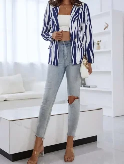 Clearance Women's Blazer Casual Work Stripe Stylish Regular Fit Outerwear Long Sleeve Spring Women Blazers & Suits