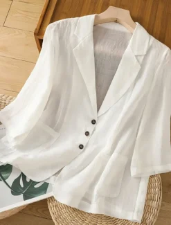 New Women's Blazer Comfortable Breathable Pocket Casual Plain Office Street Casual Daily Wear Single Breasted Regular Turndown Regular Fit Long Sleeve Outerwear Black White Summer Women Shirts