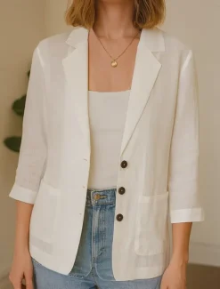 New Women's Blazer Comfortable Breathable Pocket Casual Plain Office Street Casual Daily Wear Single Breasted Regular Turndown Regular Fit Long Sleeve Outerwear Black White Summer Women Shirts