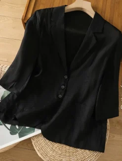 New Women's Blazer Comfortable Breathable Pocket Casual Plain Office Street Casual Daily Wear Single Breasted Regular Turndown Regular Fit Long Sleeve Outerwear Black White Summer Women Shirts