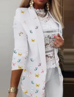 New Women's Blazer Comfortable Breathable Print Casual Floral Formal Office Street Casual Open Front Regular Turndown Regular Fit Long Sleeve Outerwear Black White Pink Summer Spring Women Blazers & Suits