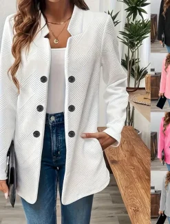 Discount Women's Blazer Comfortable Breathable Buttons Casual Plain Office Street Casual Daily Wear Single Breasted Regular Stand Collar Regular Fit Long Sleeve Outerwear Black White Pink Summer Fall Women Blazers & Suits