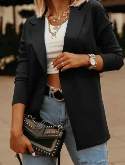 Discount Women's Blazer Comfortable Breathable Slim Fit Casual Plain Office Street Casual Daily Wear Open Front Regular Turndown Slim Long Sleeve Outerwear Black White Blue Fall Women Blazers & Suits