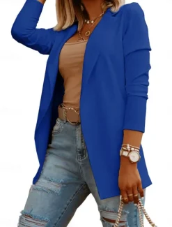 Discount Women's Blazer Comfortable Breathable Slim Fit Casual Plain Office Street Casual Daily Wear Open Front Regular Turndown Slim Long Sleeve Outerwear Black White Blue Fall Women Blazers & Suits