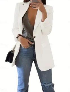 Best Women's Blazer Comfortable Breathable Pocket Fashion Casual Plain Office Street Casual Daily Wear Single Breasted Regular Turndown Regular Fit Long Sleeve Outerwear Black White Red Summer Spring Women Blazers & Suits