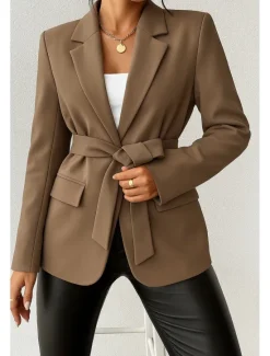 New Women's Blazer Comfortable Breathable Lace up Pocket Casual Plain Office Street Casual Daily Wear Open Front Regular Turndown Regular Fit Long Sleeve Outerwear Black Green Beige Summer Fall Women Blazers & Suits