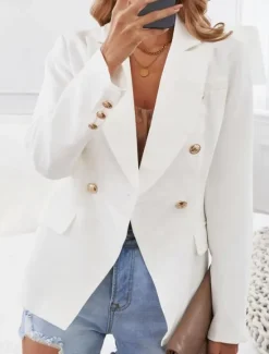 Clearance Women's Blazer Comfortable Breathable Pocket Elegant Formal Plain Office Street Casual Daily Wear Double Breasted Regular Turndown Regular Fit Long Sleeve Outerwear White Khaki Summer Spring Women Blazers & Suits