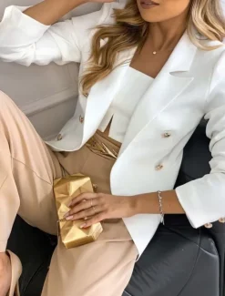 Clearance Women's Blazer Comfortable Breathable Pocket Elegant Formal Plain Office Street Casual Daily Wear Double Breasted Regular Turndown Regular Fit Long Sleeve Outerwear White Khaki Summer Spring Women Blazers & Suits