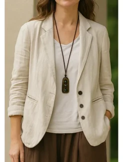 New Women's Blazer Comfortable Breathable Pocket Vintage Casual Plain Office Street Casual Daily Wear Single Breasted Regular Turndown Regular Fit 3/4 Length Sleeve Outerwear Black White Khaki Summer Fall Women Blazers & Suits