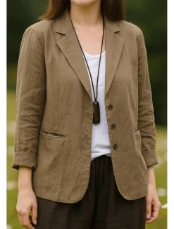 New Women's Blazer Comfortable Breathable Pocket Vintage Casual Plain Office Street Casual Daily Wear Single Breasted Regular Turndown Regular Fit 3/4 Length Sleeve Outerwear Black White Khaki Summer Fall Women Blazers & Suits