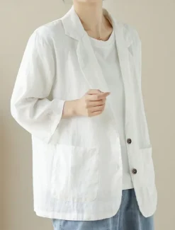 New Women's Blazer Comfortable Breathable Pocket Vintage Casual Plain Office Street Casual Daily Wear Single Breasted Regular Turndown Regular Fit 3/4 Length Sleeve Outerwear Black White Khaki Summer Fall Women Blazers & Suits