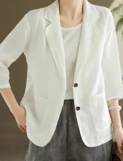 New Women's Blazer Comfortable Breathable Pocket Vintage Casual Plain Office Street Casual Daily Wear Single Breasted Regular Turndown Regular Fit 3/4 Length Sleeve Outerwear Black White Khaki Summer Fall Women Blazers & Suits