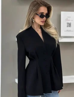 Best Women's Blazer Comfortable Ruched Patchwork Elegant Fashion Glamorous & Dramatic Lady Solid Color School Formal Office Party / Evening Single Breasted Regular V Neck Regular Fit Long Sleeve Outerwear Women Blazers & Suits