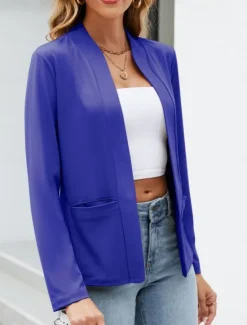 Outlet Women's Blazer Comfortable Breathable Pocket Casual Plain Office Street Casual Daily Wear Open Front Regular Stand Collar Regular Fit Long Sleeve Outerwear Navy White Blue Summer Spring Women Blazers & Suits