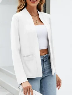 Outlet Women's Blazer Comfortable Breathable Pocket Casual Plain Office Street Casual Daily Wear Open Front Regular Stand Collar Regular Fit Long Sleeve Outerwear Navy White Blue Summer Spring Women Blazers & Suits