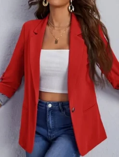 Sale Women's Blazer Comfortable Breathable Pocket Casual Plain Office Street Casual Daily Wear Single Breasted Regular Turndown Regular Fit Long Sleeve Outerwear Black Red Navy Blue Summer Spring Women Blazers & Suits