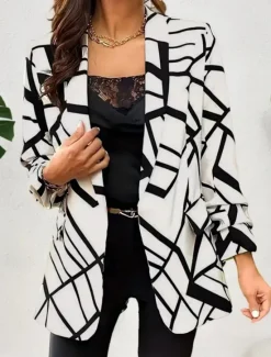 New Women's Blazer Comfortable Breathable Pocket Print Casual Geometric Office Street Casual Daily Wear Open Front Regular Turndown Regular Fit Long Sleeve Outerwear Black White Pink Summer Spring Women Blazers & Suits